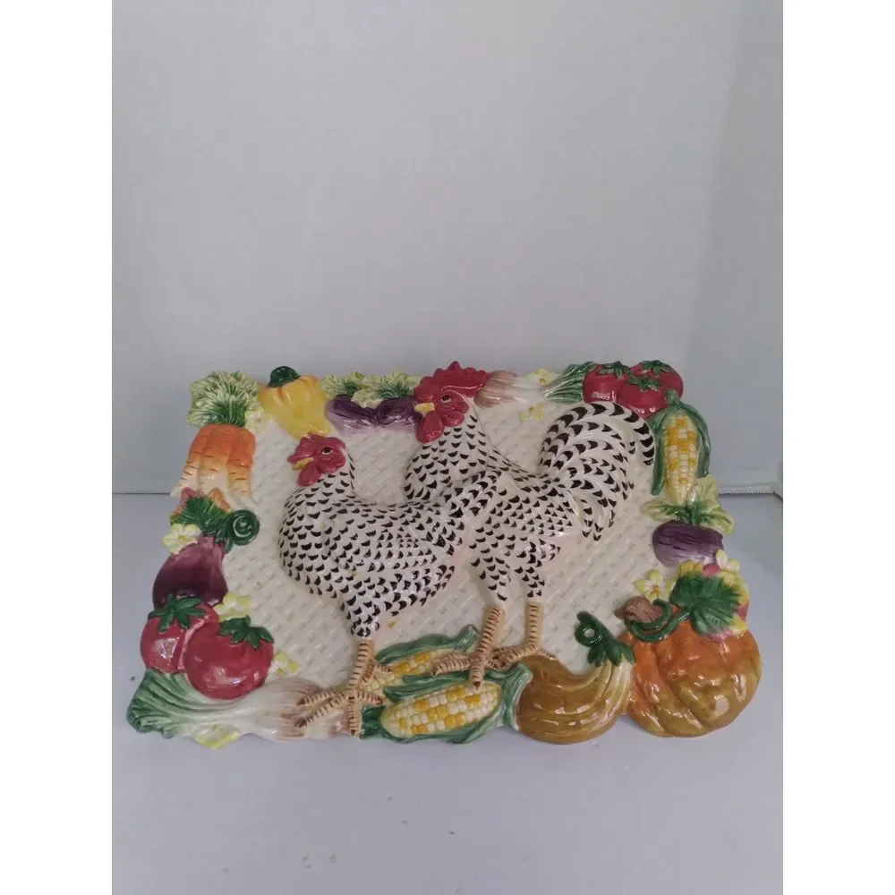Vintage Farmhouse Rooster Decorative Platter with Vegetable Border Kitchen Decor